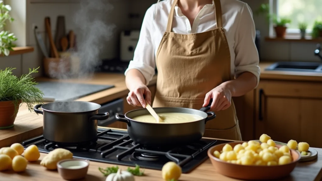 A bowl of creamy potato soup with bacon and chives.