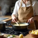 A bowl of creamy potato soup with bacon and chives.