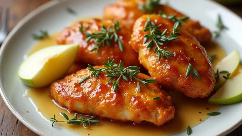 Freshly cooked apple and honey-glazed chicken tenders served on a white plate with a drizzle of honey and apple slices.